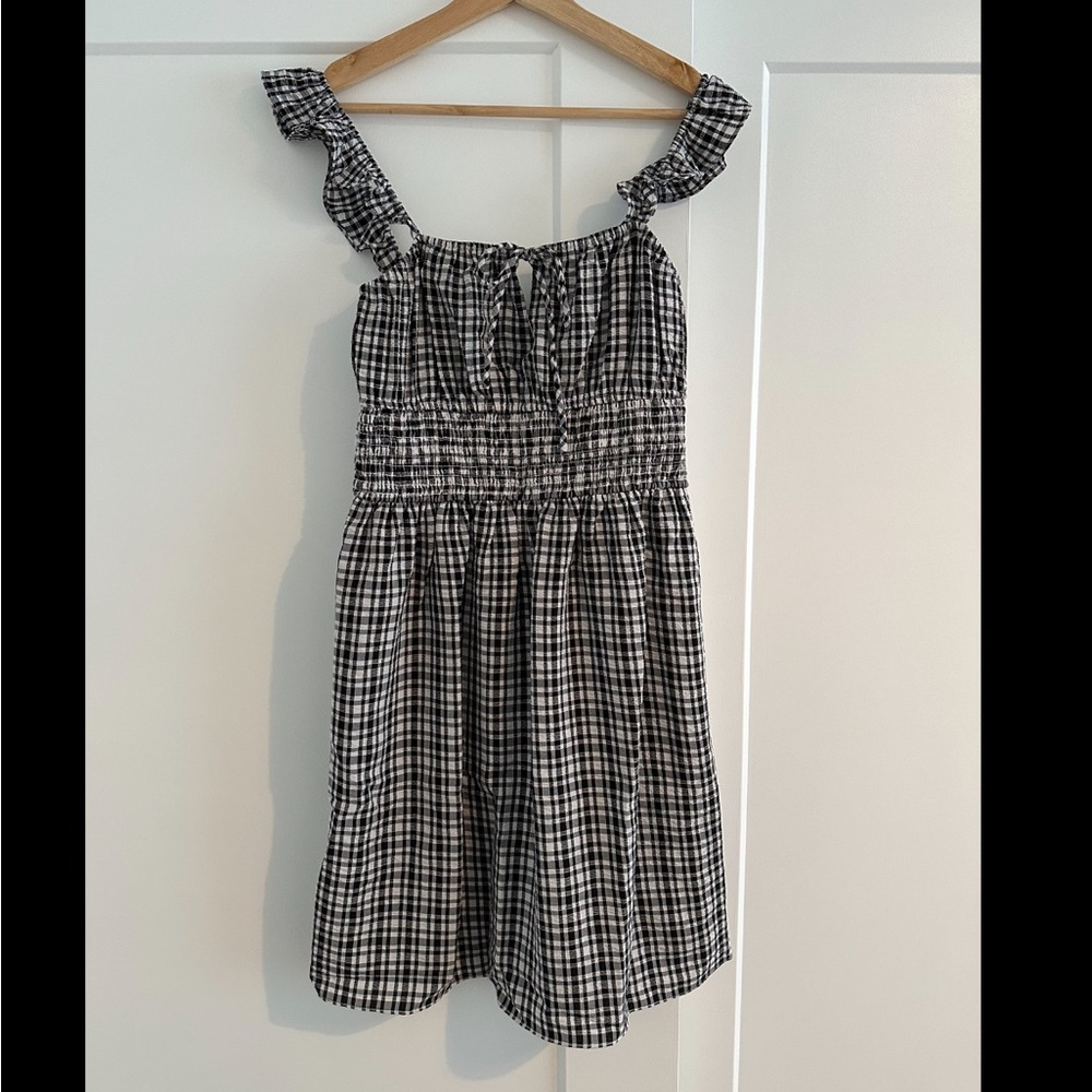 WAYF Gingham Smocked Waist Mini Dress in Black and White S